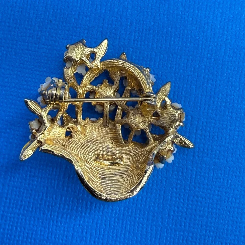 Arthur Pepper Flower Basket‎ Brooch Enamel Gold Tone Floral Mid Mod MCM